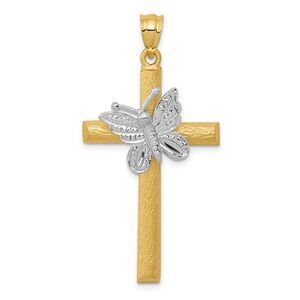 14k Two Tone Gold Butterfly Cross Pendant, 22 x 43mm
